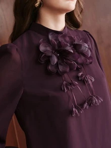 Anewsta Women's New Purple Autumn/Winter Elegant Stand Collar 3D Floral Ruffle Pleated Skirt 2 Pieces Set, Suitable For Commute, Vacation, Gathering, Party - Purple - View 1