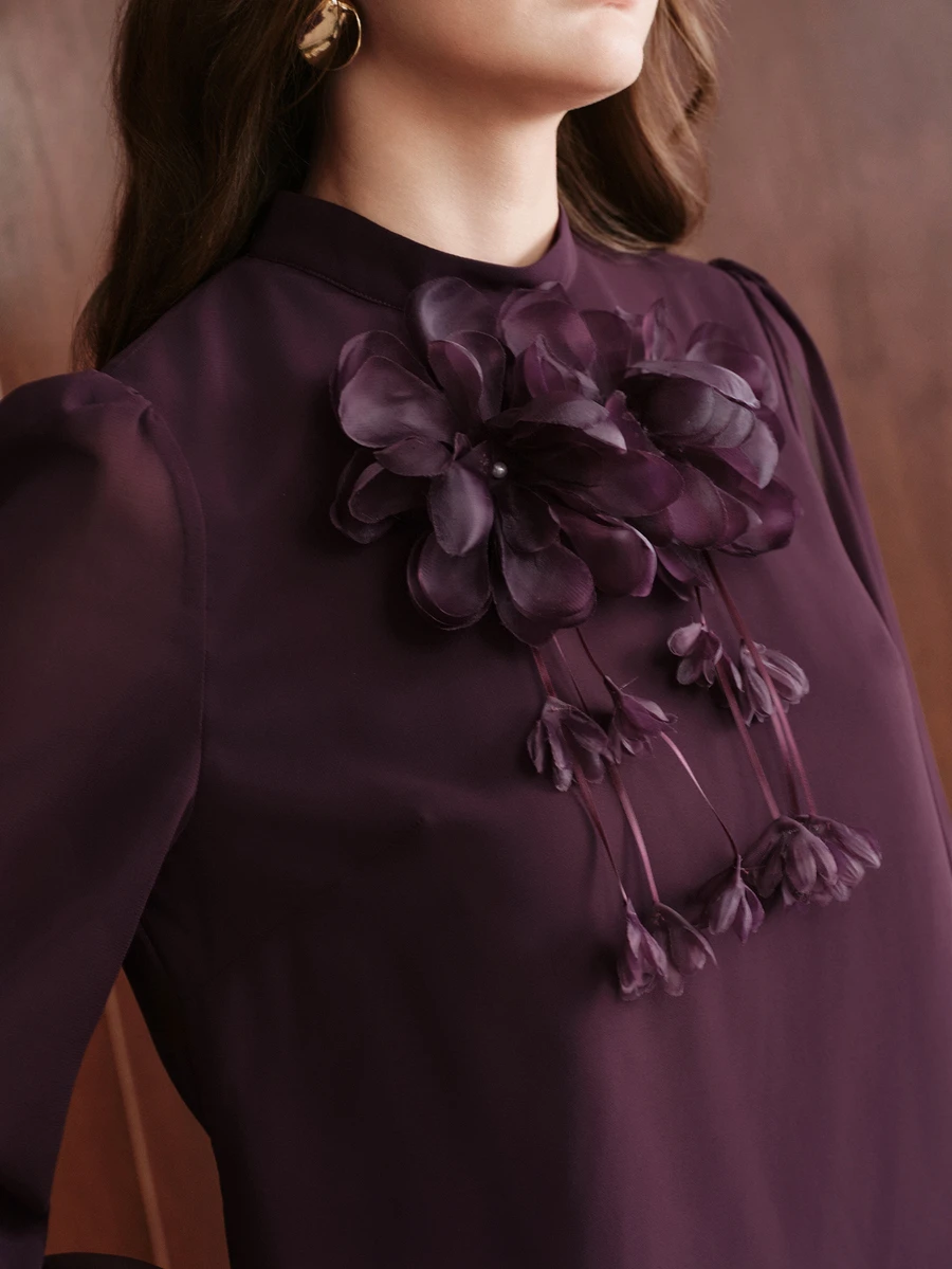 Anewsta Women's New Purple Autumn/Winter Elegant Stand Collar 3D Floral Ruffle Pleated Skirt 2 Pieces Set, Suitable For Commute, Vacation, Gathering, Party - Purple - View 1