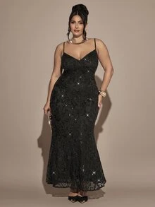 Gossip Girl X SHEIN SHEIN BAE CURVE 大尺碼女款修身優雅黑色細肩帶亮片洋裝，黑色亮片正式細肩帶魚尾下擺長版晚禮服 - 黑色 - 查看 5