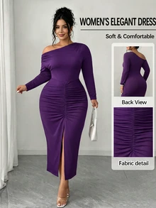 Elenzga Plus Size Elegant Fitted Sexy Cowl Neck Long Sleeve Bodycon Ruched Slit Dress Fall Christmas - Purple - View 1