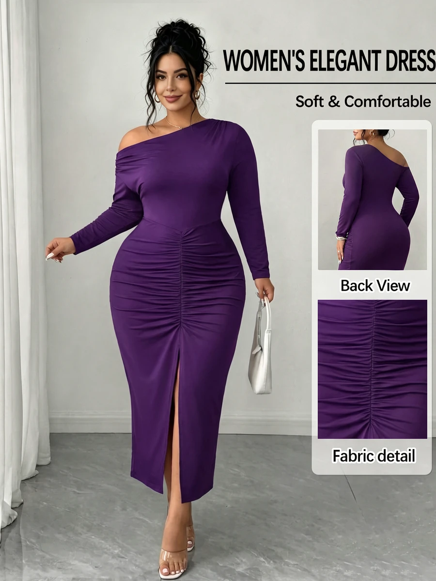 Elenzga Plus Size Elegant Fitted Sexy Cowl Neck Long Sleeve Bodycon Ruched Slit Dress Fall Christmas - Purple - View 1