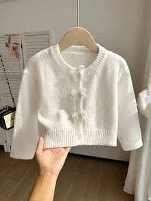 SHEIN 女童秋冬時尚手工蝴蝶結針織長袖開襟毛衣 - 白色 - 查看 6