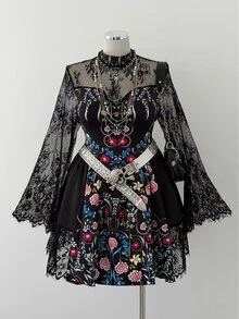 Sunspun Plus Size Floral Lace Long Sleeve Vintage Print Sheer A-Line Dress - Black - View 1