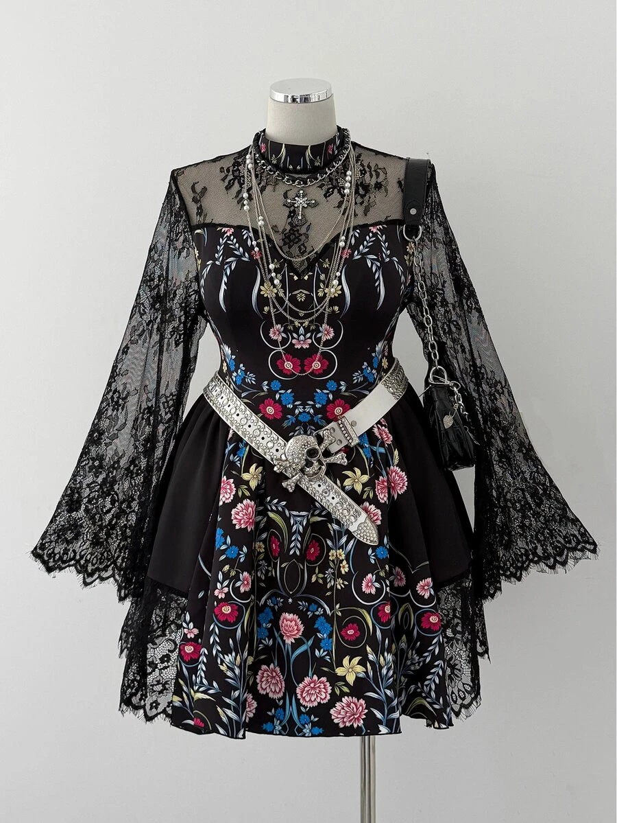 Sunspun Plus Size Floral Lace Long Sleeve Vintage Print Sheer A-Line Dress - Black - View 1