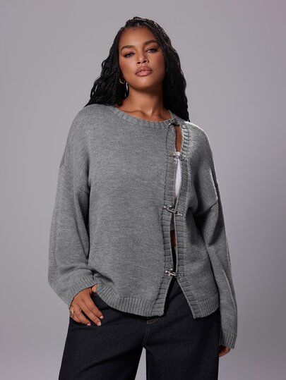 Rustia Plus Size Women's Button Up Stand Collar Long Sleeve Cardigan Sweater Jacket, Autumn/Winter Back To School