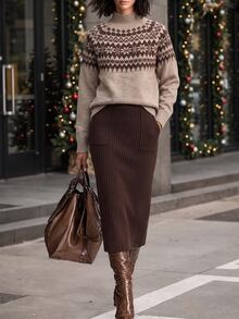 Louniche Women's Fair Isle Stand Collar Long Sleeve Sweater And Knitted Skirt Elegant 2 Pieces Set - Chocolate Brown - View 4