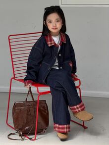DAZY Tween Girl Patchwork Plaid Cuff Single-Breasted Denim Jacket And Jeans Casual Set - Dark Wash - View 2