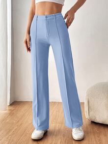 SHEIN EZwear 女款素色直筒西裝長褲 秋冬款 - 藍色 - 查看 3