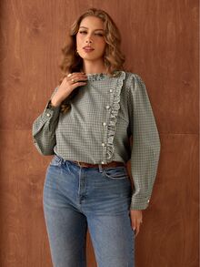 Roveilla Plus Size Vintage Corset Elegant Plaid Casual Versatile Ruffle Hem Pearl Button Decor Fall Long Sleeve Women's Blouse Office Brunch All White - Multicolor - View 4