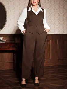 Auvina Plus Size 2 Pieces Set 2 In 1 Shirt Collar Brown Vest & Trousers Vintage Commute Outfit - Brown - View 1
