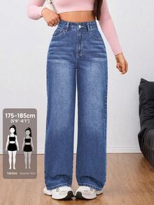 SHEIN Tall Women's Casual Daily Wear Washed Denim Jeans With Pockets And Buttons - Dark Wash - View 1