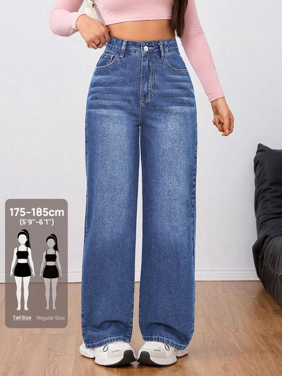 SHEIN Tall Women's Casual Daily Wear Washed Denim Jeans With Pockets And Buttons - Dark Wash - View 1