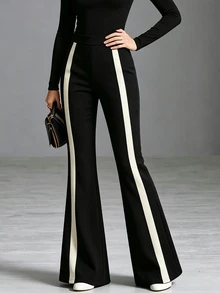 SHEIN 2026 Autumn/Winter High Waist Color Block Side Stripe Flare Pants For Daily Commute, Holiday Party, Country Style, Office, Sports And Fitness - Black - View 2