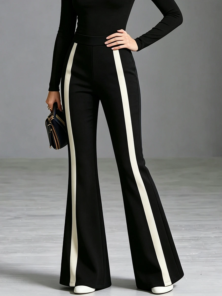 SHEIN 2026 Autumn/Winter High Waist Color Block Side Stripe Flare Pants For Daily Commute, Holiday Party, Country Style, Office, Sports And Fitness