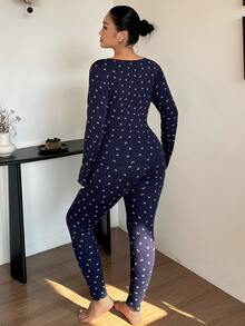 Dazy Plus Set Piyama Santai Celana Panjang Motif Bunga Kecil dengan Hiasan Renda dan Rumbai untuk Musim Semi dan Gugur - Navy Blue - View 8