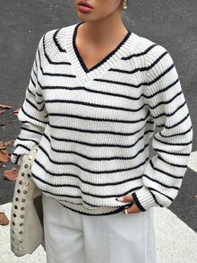 Dazy Plus Korean Style Colorblock Striped Loose Long Sleeve V-Neck Casual Streetwear Vacation Spring Autumn Pullover Knit Sweater - Black and White - View 4