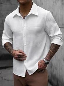 Manfinity CasualCool 男士白色長袖襯衫，適合萬聖節、聖誕節，新年最佳禮物 - 白色 - 查看 6