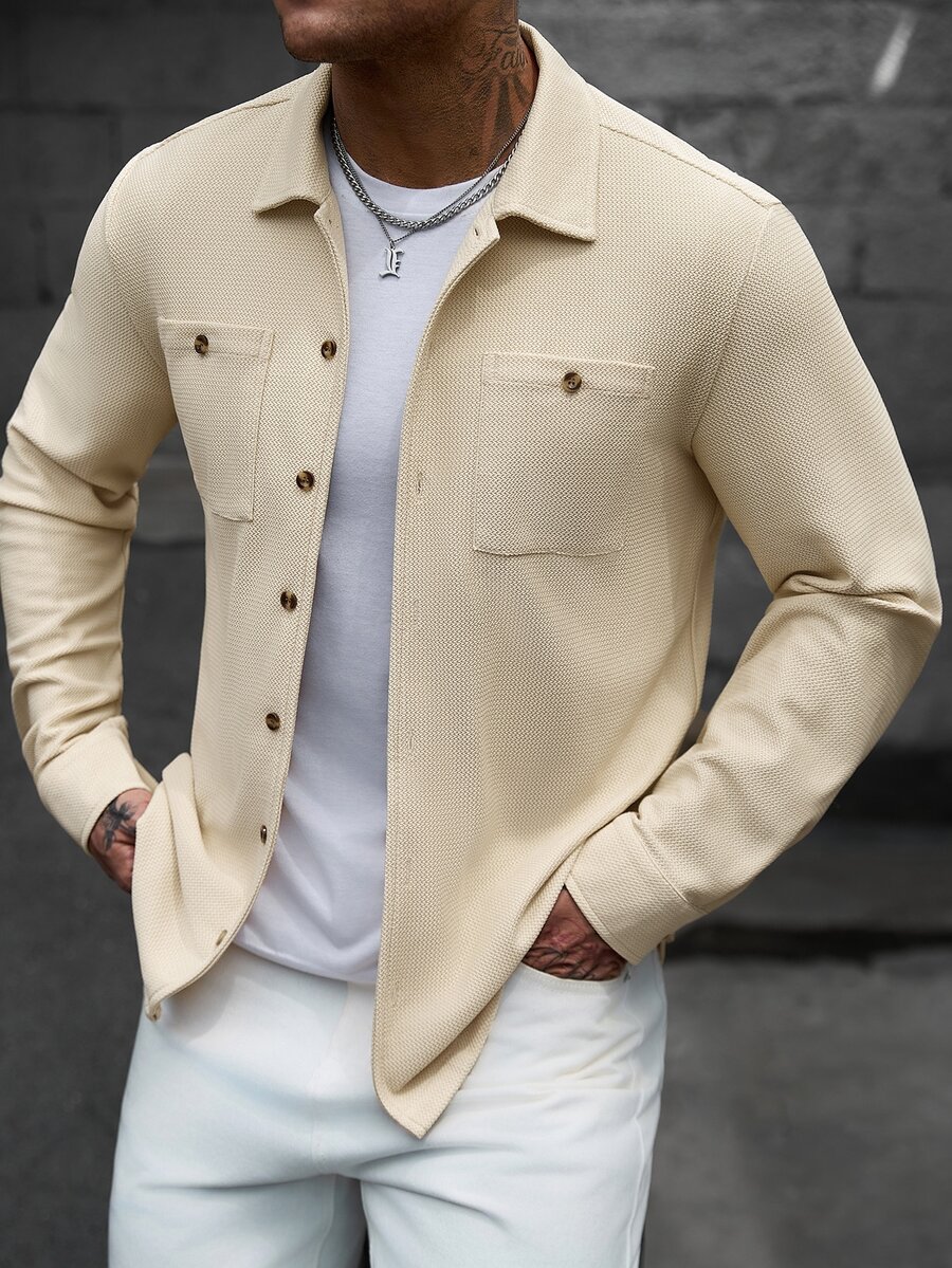 Manfinity CasualCool 2026 Spring Summer Men Cream Beige Textured Knit Shacket, Quiet Luxury & Vintage Workwear Style Lape - Apricot - View 1