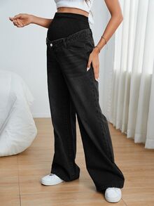 SHEIN Maternity Colorblock Casual Daily Wear Denim Jeans - Black - View 4