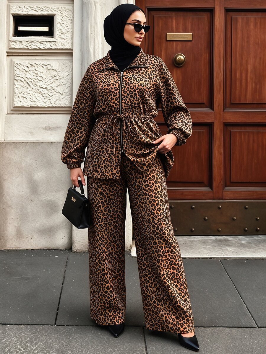 SHEIN LUNE CURVE Women's Plus Size Autumn Leopard Print Zipper Jacket And Pants 2 Pieces Set, Suitable For Daily Wear, Casual And Elegant Fall - Brown - View 1