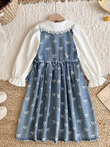 SHEIN Vintaside Kids 女嬰牛仔洋裝 甜美優雅 藍白蝴蝶結印花 蕾絲彼得潘領 長泡泡袖 圓領 生日派對 秋季婚禮賓客 假日穿搭 - 藍色 - 查看 2