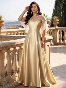 Auveirra Plus Size Women's Elegant Contrast Mesh Applique Dress - Gold - View 4