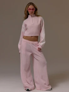 Musera Sport Knitted Funnel Neck Quarter Zip Contrast Panel Design Boxy Cropped Fit Coord Jumper Cute Girly Autumn Winter Fall Gym Holiday Dainty Ice - Pink - View 2