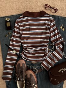 Attitoon Plus Size Women's Striped Collared Long Sleeve Casual Versatile T-Shirt Fall - Multicolor - View 2