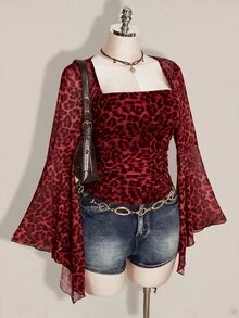 SHEIN ICON 女款大尺碼復古性感千禧風 Y2K 都市現代前衛方領喇叭袖荷葉邊長袖棕色豹紋網紗上衣 秋季 - 酒紅色 - 查看 8