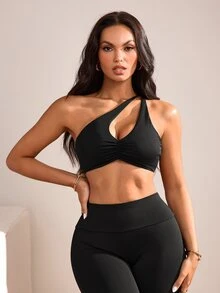 SHEIN Velisys Women's Solid Color One Shoulder Casual Daily Sports Bra - Black - View 3