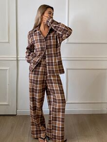 DAZY Women's Plaid Long Sleeve Top, Camisole And Pants Pajama Set - Coffee Brown - View 4