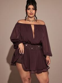 Gossip Girl X SHEIN SHEIN BAE CURVE Plus Size Women Solid Color Off-Shoulder Casual Everyday Summer Mini Dress,Red-Brown Mesh Off-Shoulder Deep V-Neck Lantern Long Sleeve Wide Waist - Coffee Brown - View 7