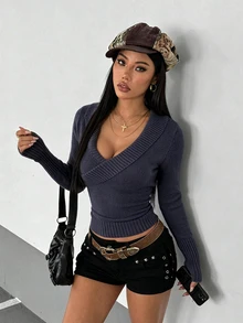 StreetHx 女款素色街頭風修身休閒長袖針織上衣 - 藍色 - 查看 5