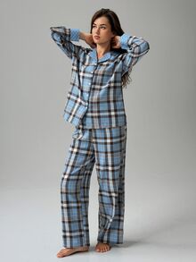 DAZY Women's Plaid Long Sleeve Top And Pants Casual Daily Home Pajama Set - Blue - View 4
