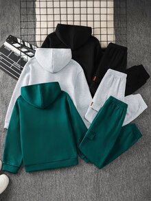 SHEIN 6件組兒童青少年男孩可愛秋冬休閒百搭純色黑色、灰色、聖誕綠長袖運動衫與長褲套裝，通勤、上學、日常穿著、度假、旅行、運動、開學季全方位搭配多件套裝 - 彩色 - 查看 3