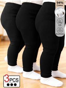 SHEIN BABY GIRLS 3-Pack Ribbed Knit Leggings, Solid Black Skinny Fitted Long Pants, Soft Breathable Cotton Everyday Bottom Trousers For Fall Outfits - Black - View 2