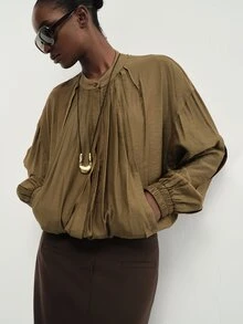 Aveloria Modichic Áo blouse nữ mùa hè mới phong cách thường ngày đa năng, cổ tròn, tay dài, dáng rủ - Cà phê nâu - Xem 1