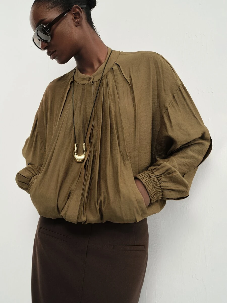 Aveloria Modichic Áo blouse nữ mùa hè mới phong cách thường ngày đa năng, cổ tròn, tay dài, dáng rủ - Cà phê nâu - Xem 1