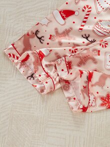 Dream Adore Soft Pink Gingerbread Man & Reindeer Christmas Pattern Satin Long Sleeve Top & Pants Set - Red - View 3