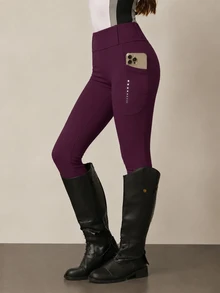 Dewbera Dewbera Women's Fall Sports Equestrian Pants, Black Tight Regular Waist With Ear Loops, Side Pockets, Reflective Dots, Optimized Pattern, 9/10 Length - Purple - View 3