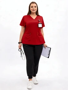 TaskEZ Plus Size Women's Nurse Scrub Uniform Top Black Renaissance Work Clothes Multi Pocket Short Sleeve V Neck Micro Stretch Jogging Wear Beautician Top - Red - View 7