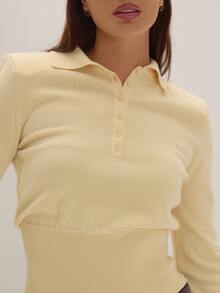 MUSEYN Butter Yellow Knit Cinched Waist Shoulder Pad Polo Sweater Cosy Versatile Everyday Casual New Season Fall - Cream - View 6