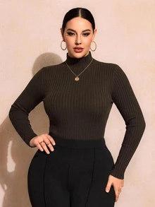 SHEIN SXY Plus Size Brown Ribbed Turtleneck T-Shirt Suitable For Autumn/Winter - Brown - View 6