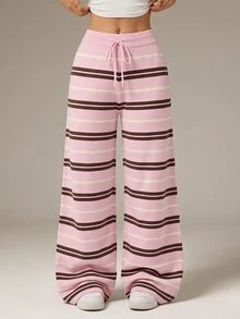 SHEIN Tall Casual Navy Striped Sweater And Pants Set For Tall Women - Pink - View 3