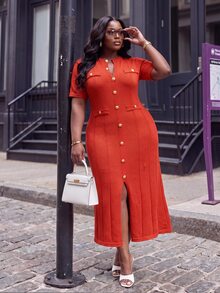 Slaydiva Plus Size Button Front Slit Midi Knit Dress, Short Sleeve Bodycon Elegant Dress - Red - View 2