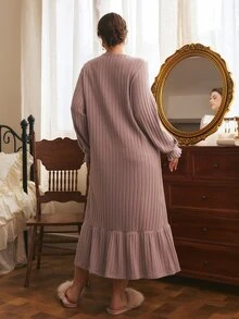 Côtesoire Gaun Tidur Wanita Ukuran Besar Motif Patchwork Blok Warna dengan Hiasan Rumbai dan Tali Depan, Lengan Panjang, dan Bergaris - Dusty Pink - View 2
