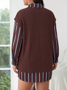 SHEIN Frenchy Plus Plaid Print Drop Shoulder Shirt With Vest Without Belt - Multicolor - View 4