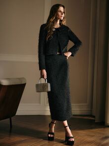 MOTF PREMIUM WOMEN'S METAL DECOR LONG SLEEVE TOP AND SKIRT FASHION 2 PIECES SET - Black - View 6