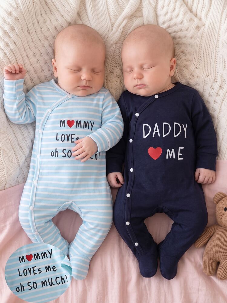 SHEIN 2pcs Newborn Solid Color Striped Rompers - Multicolor - View 8