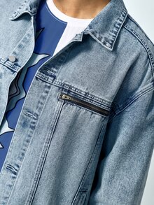 Rick and Morty X SHEIN Men's Letter Print Long Sleeve Single-Breasted Casual Denim Jacket - Blue - View 9